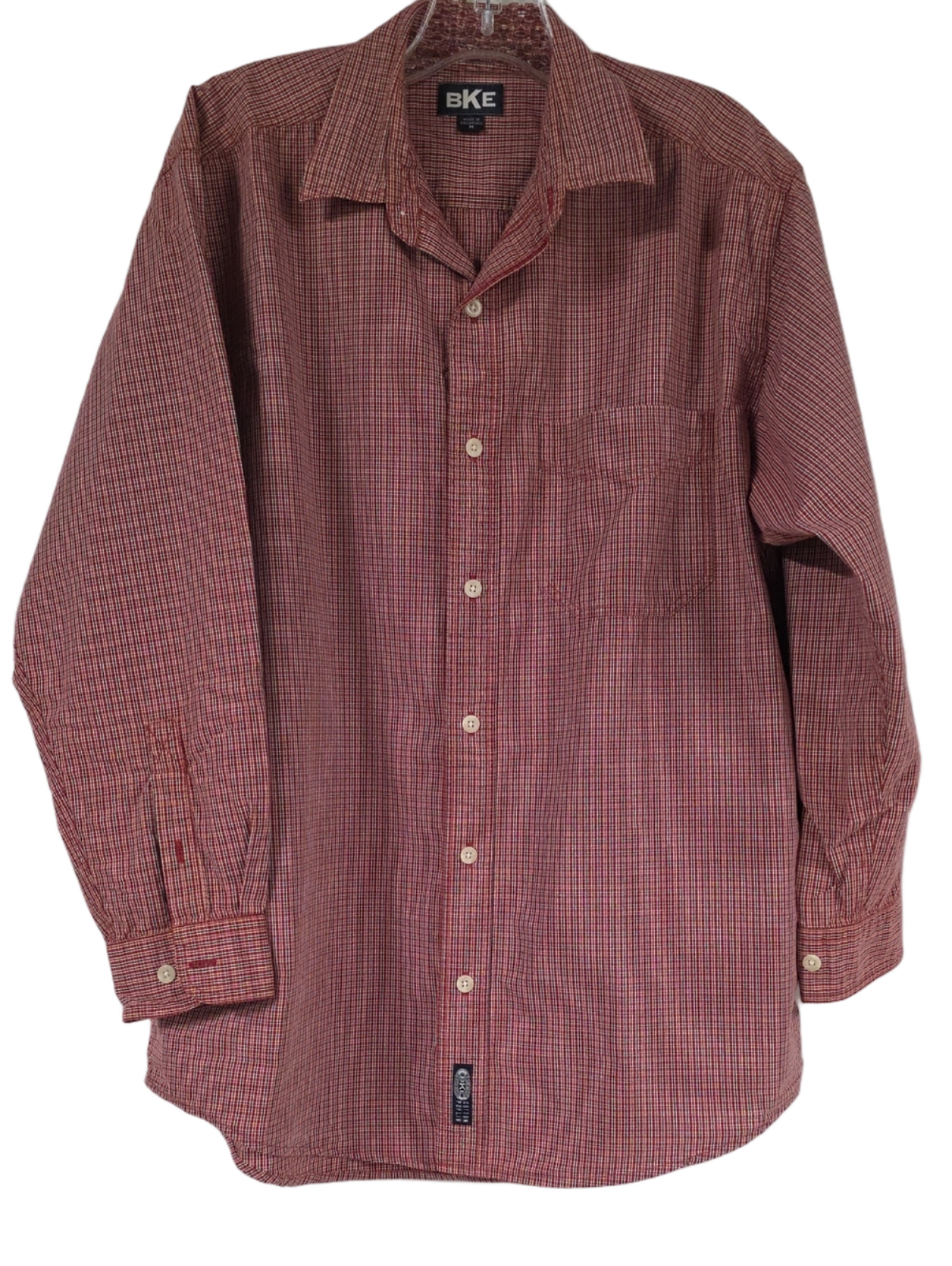 BKE Men's Red Plaid Micro-Check Button Down Long-Sleeved Shirt, Size Medium
